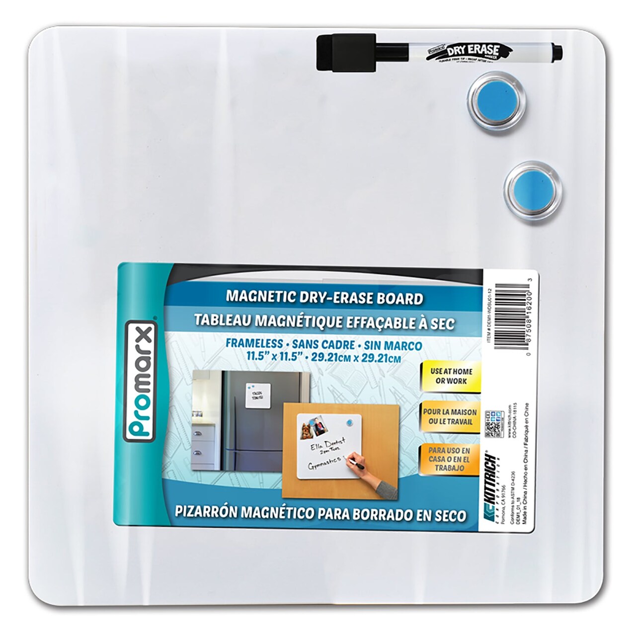 Magnetic Dry-Erase Board with Dry-Erase Marker & Two Magnets, 11.5" x 11.5"